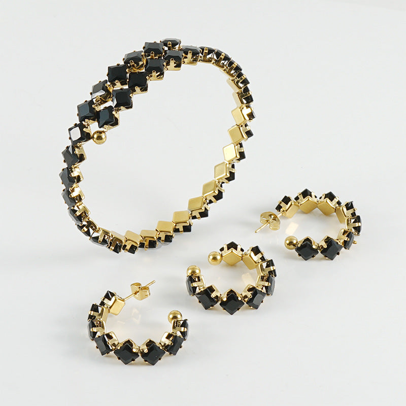 Conjunto de collar de anillos de acero inoxidable chapado en oro de joyería al por mayor
